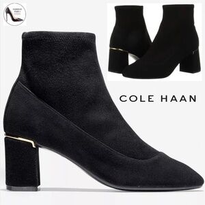 Cole Haan Laree Black Suede Ankle Booties Almond Toe Block Heel Leather Boot 9.5